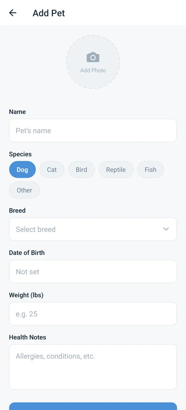 Add Pet screen with photo, name, species and breed fields
