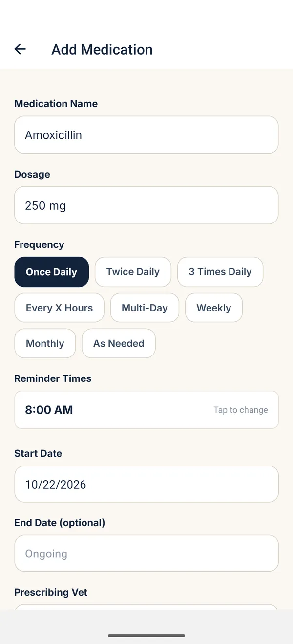 Add Medication screen with name, dosage, frequency and reminder time