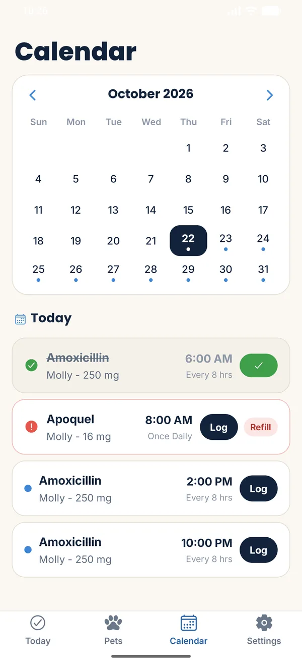 Monthly calendar with a dot on every day a dose is scheduled